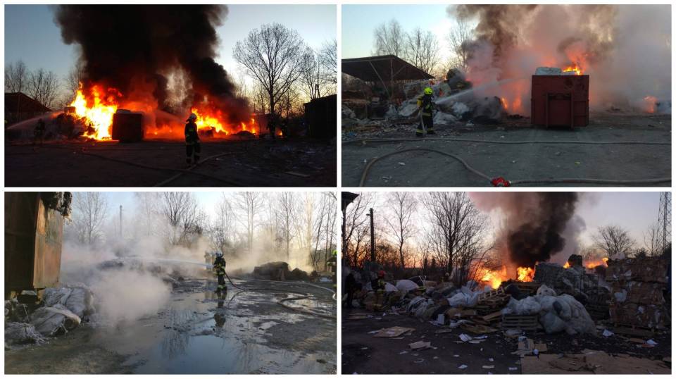 Pożar w gminie Szadek, paliło się 18 ton tworzyw sztucznych. Na miejscu dziewięć zastępów strażaków