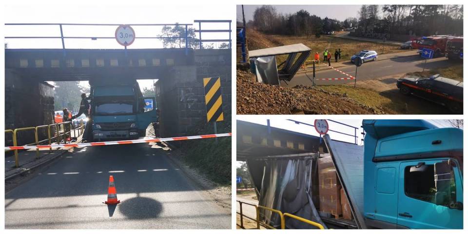 Ciężarówka zablokowała się pod wiaduktem kolejowym, wstrzymano ruch samochodów i pociągów